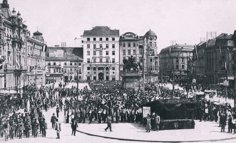 Trg bana Jelačića (tada Harmica) 17. prosinac 1866. godine, otkrivanje spomenika